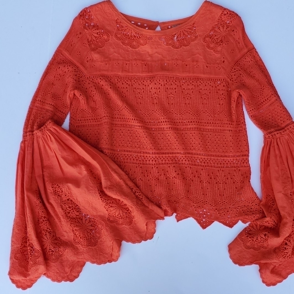 Free People Orange cotton lace Big Bell Sleeve Sml